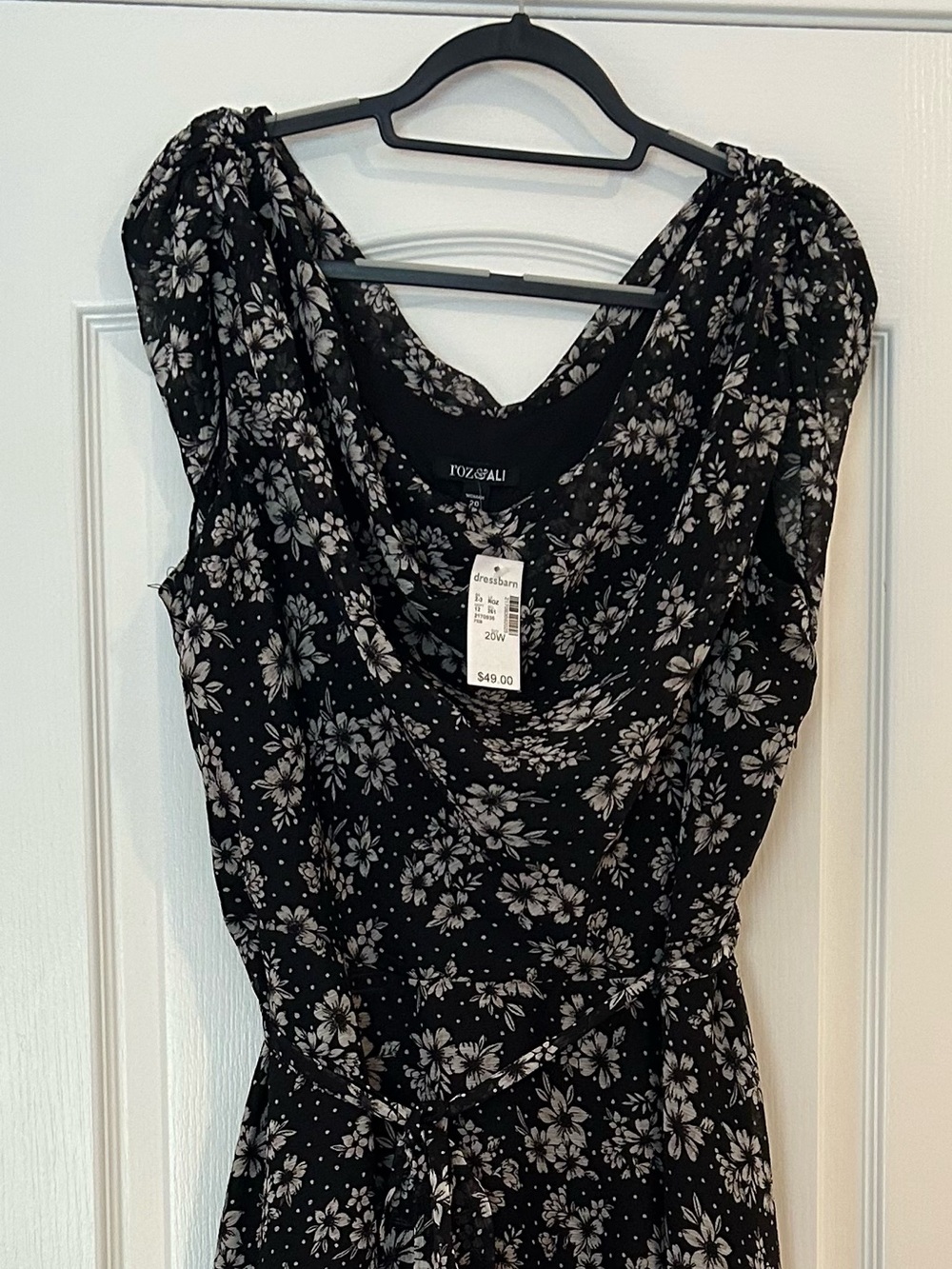 dressbarn Black Floral Midi Dress with Cowl Neck